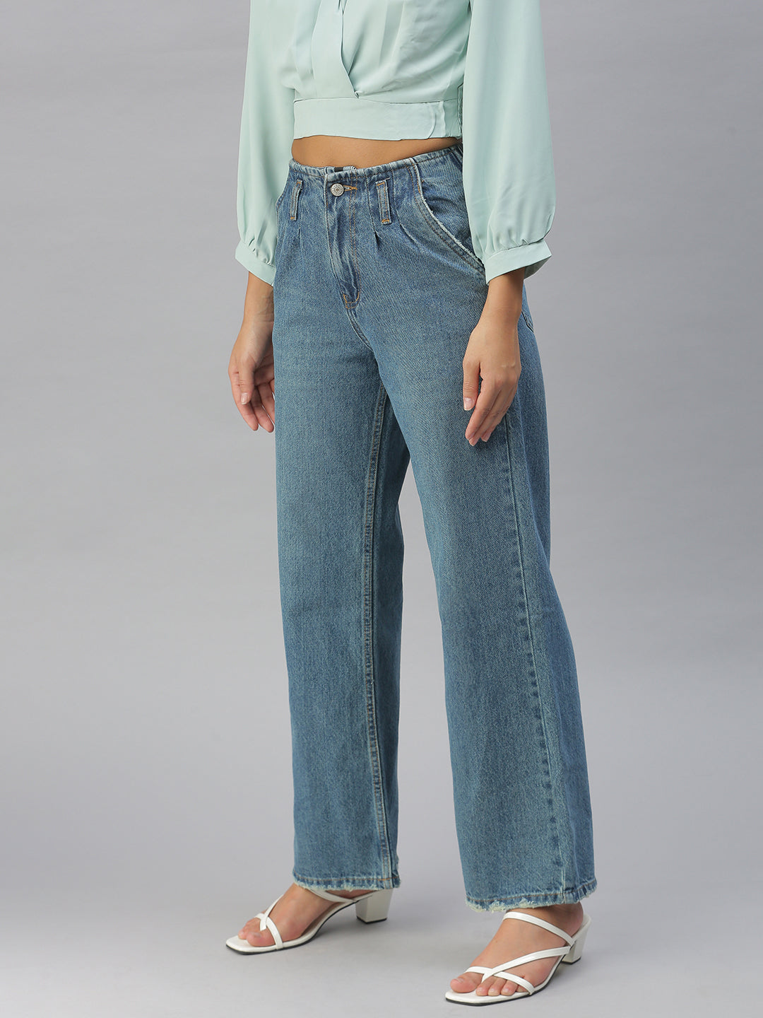 Women's Blue Solid Wide Leg Denim Jeans