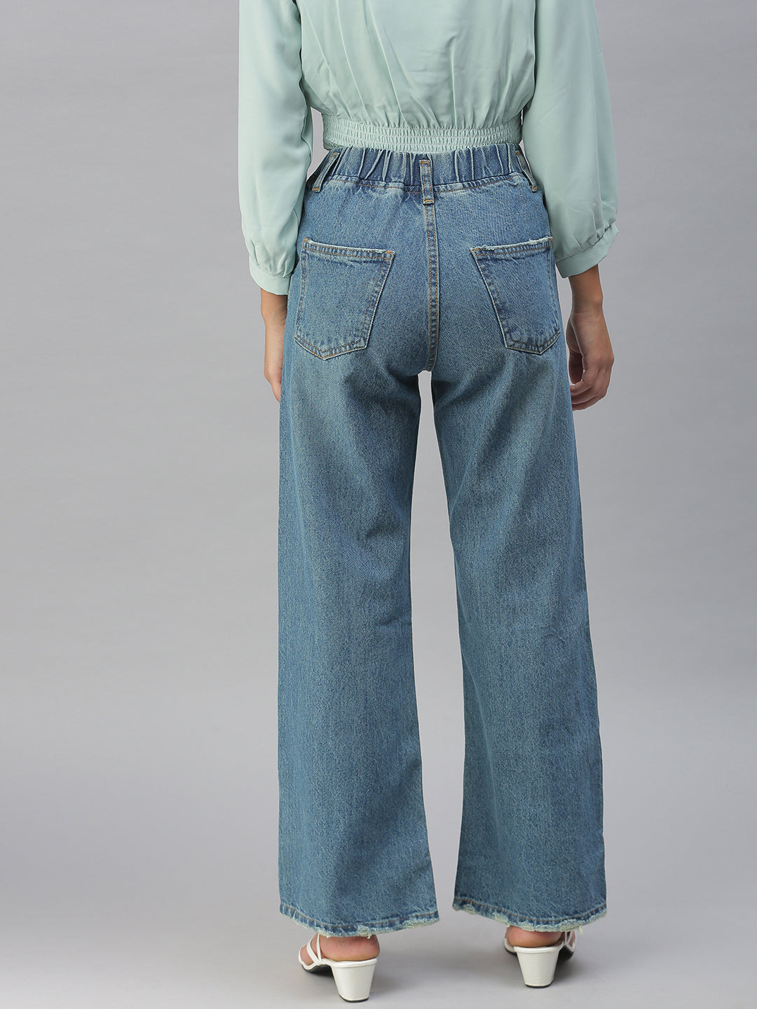 Women's Blue Solid Wide Leg Denim Jeans