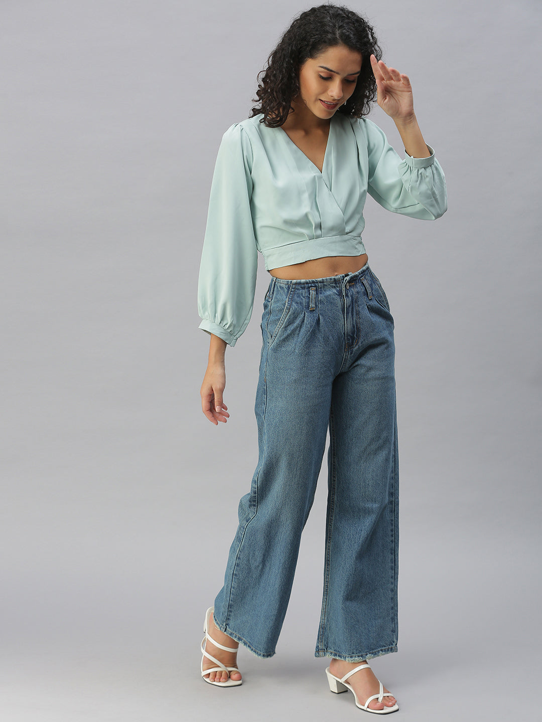 Women's Blue Solid Wide Leg Denim Jeans