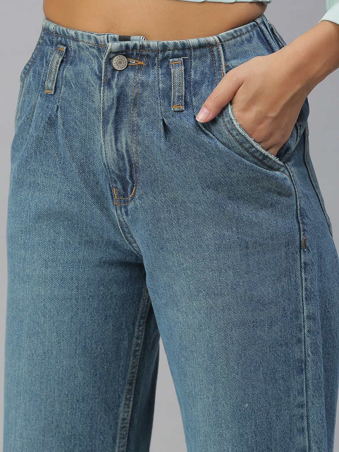 Women's Blue Solid Wide Leg Denim Jeans