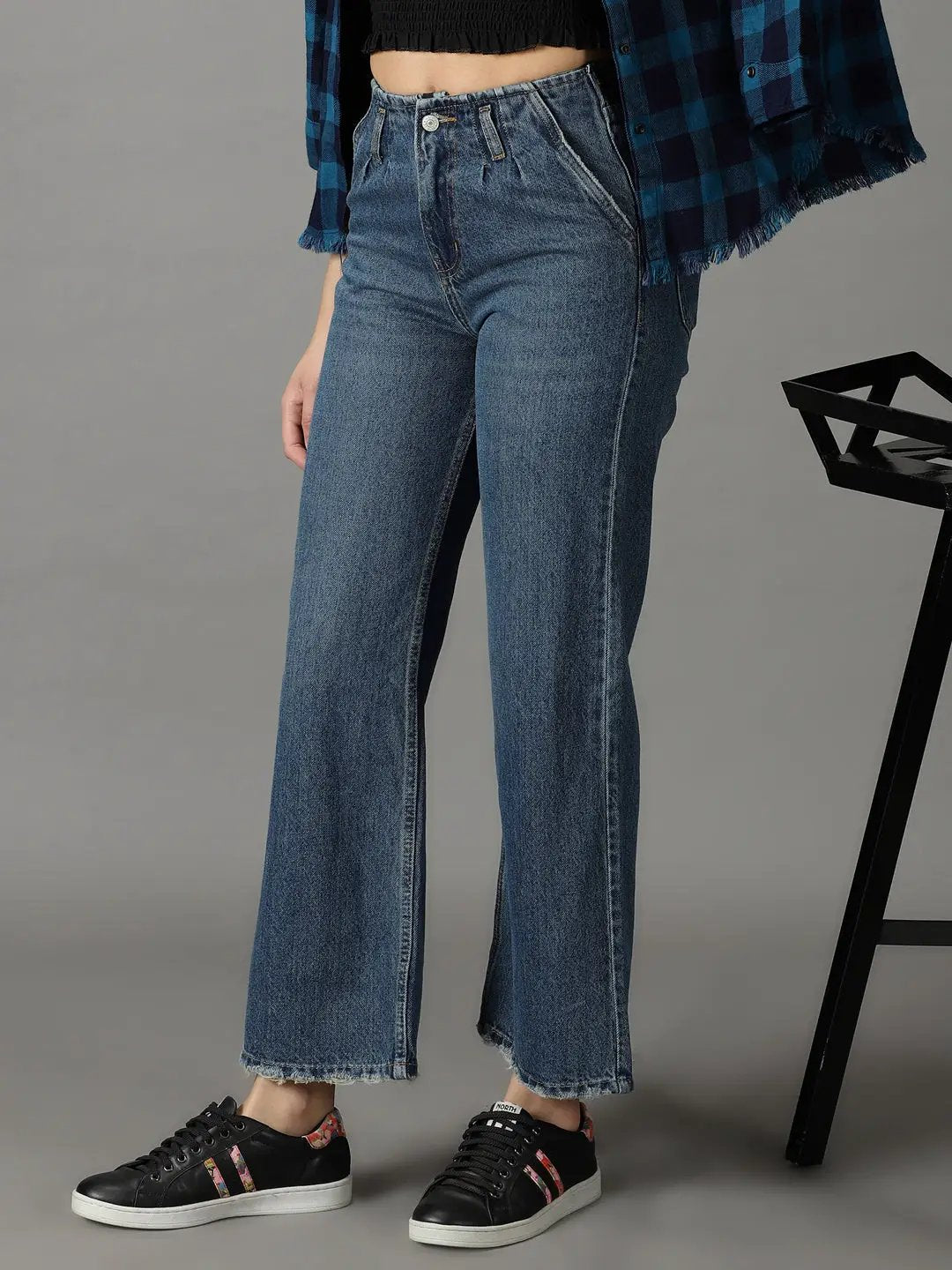 Women's Blue Solid Flared Denim Jeans