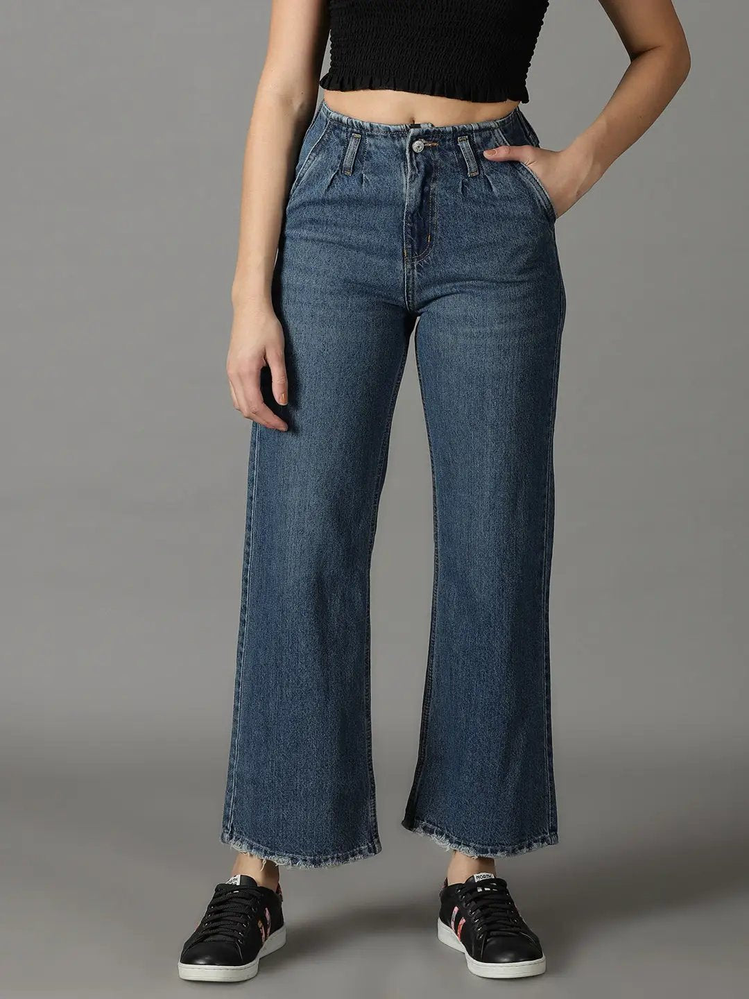 Women's Blue Solid Flared Denim Jeans