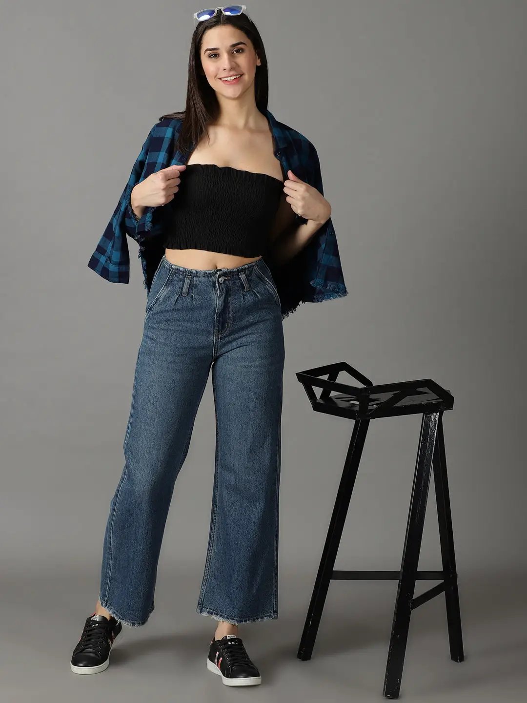 Women's Blue Solid Flared Denim Jeans