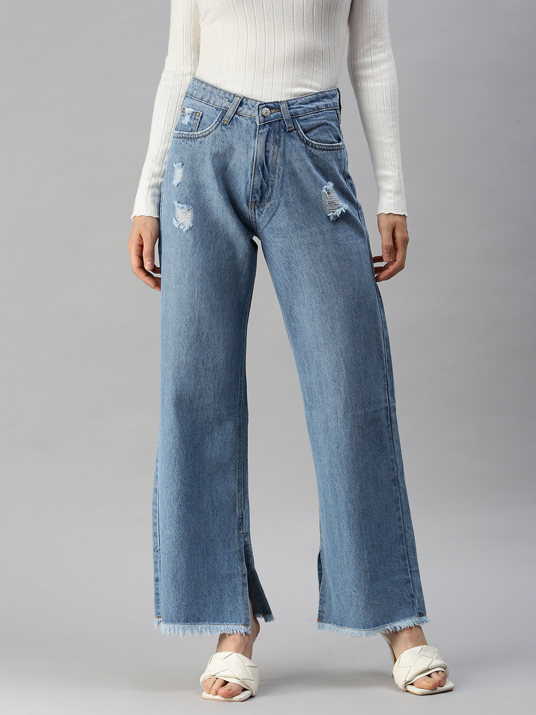 Women's Blue Solid Wide Leg Denim Jeans