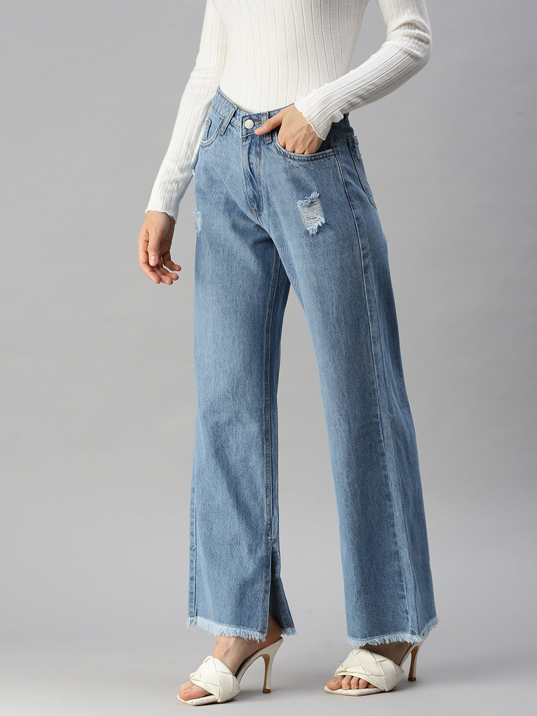 Women's Blue Solid Wide Leg Denim Jeans