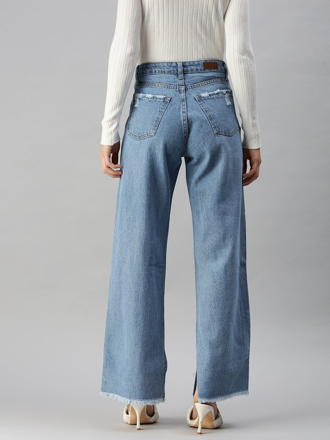 Women's Blue Solid Wide Leg Denim Jeans