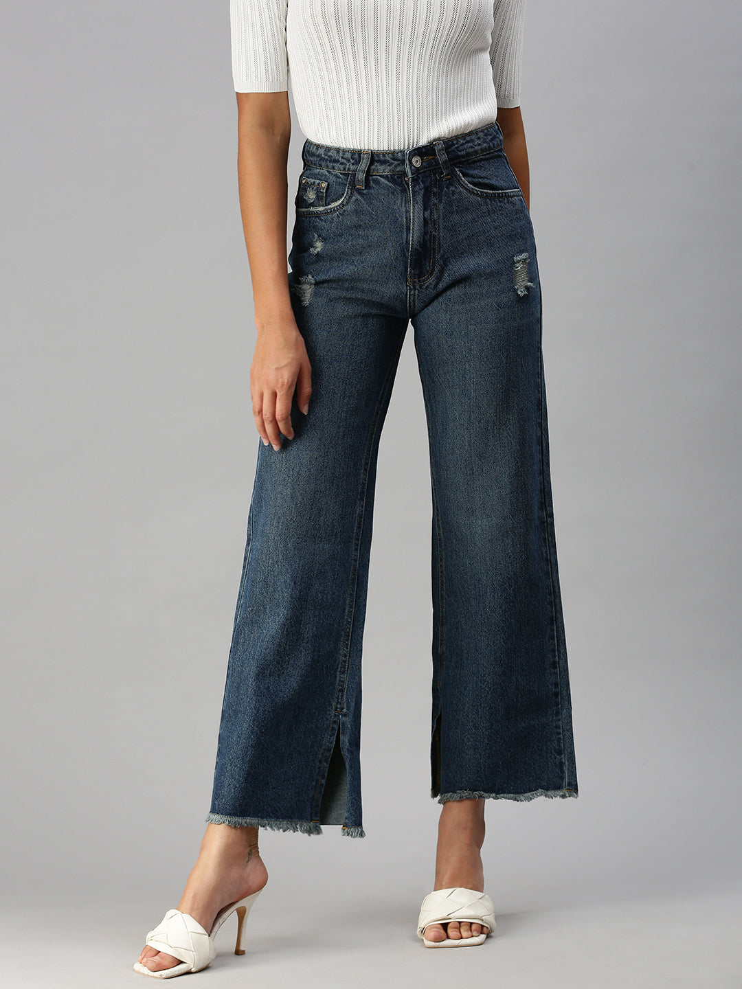 Women's Blue Solid Wide Leg Denim Jeans