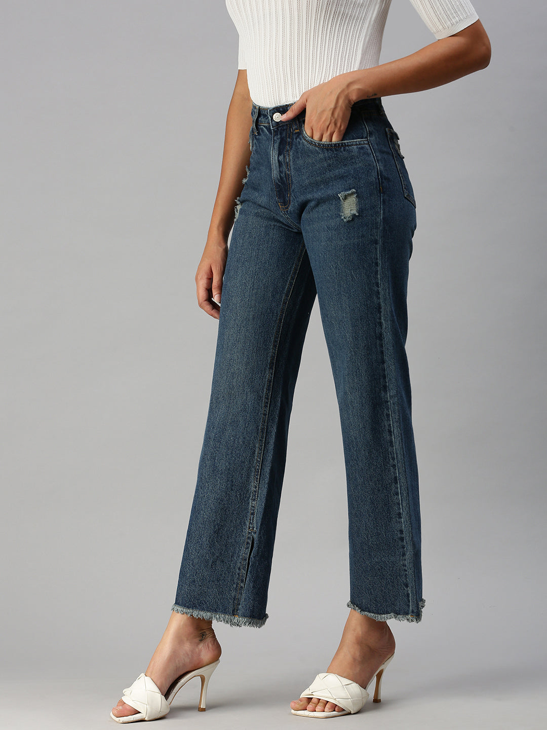 Women's Blue Solid Wide Leg Denim Jeans