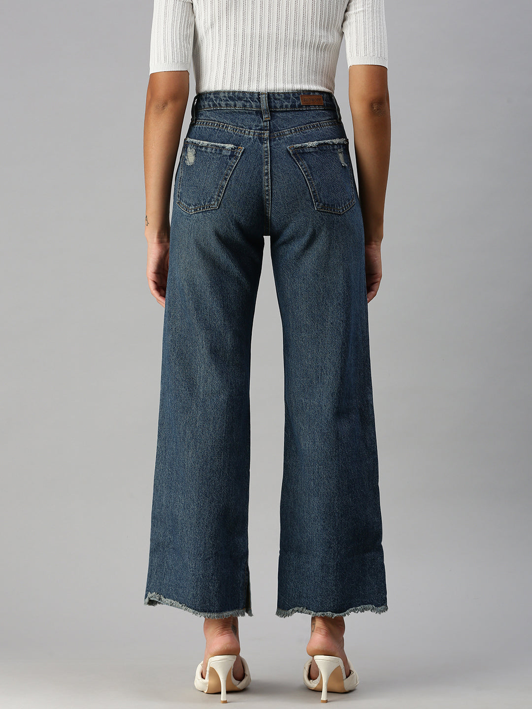 Women's Blue Solid Wide Leg Denim Jeans