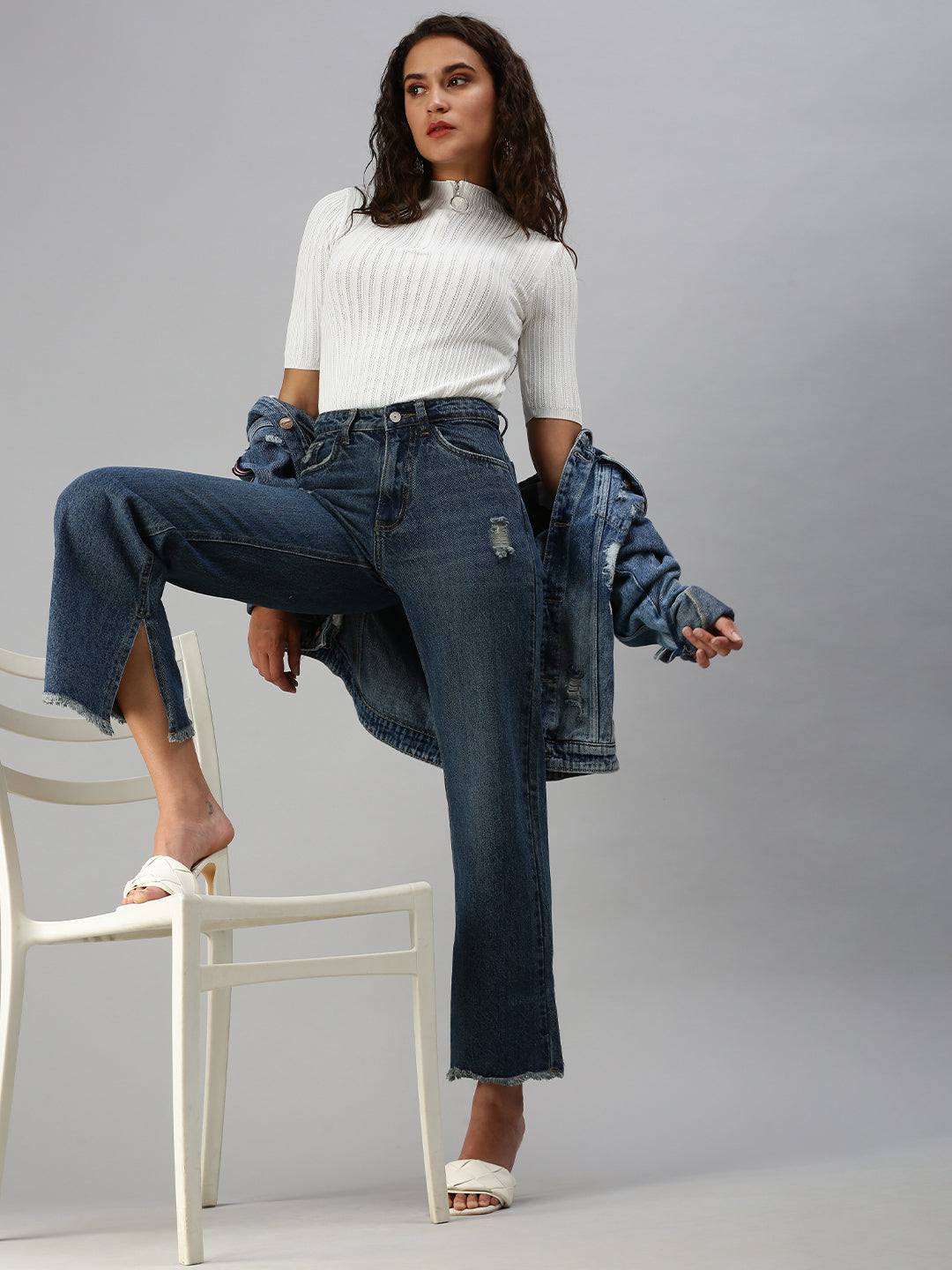 Women's Blue Solid Wide Leg Denim Jeans