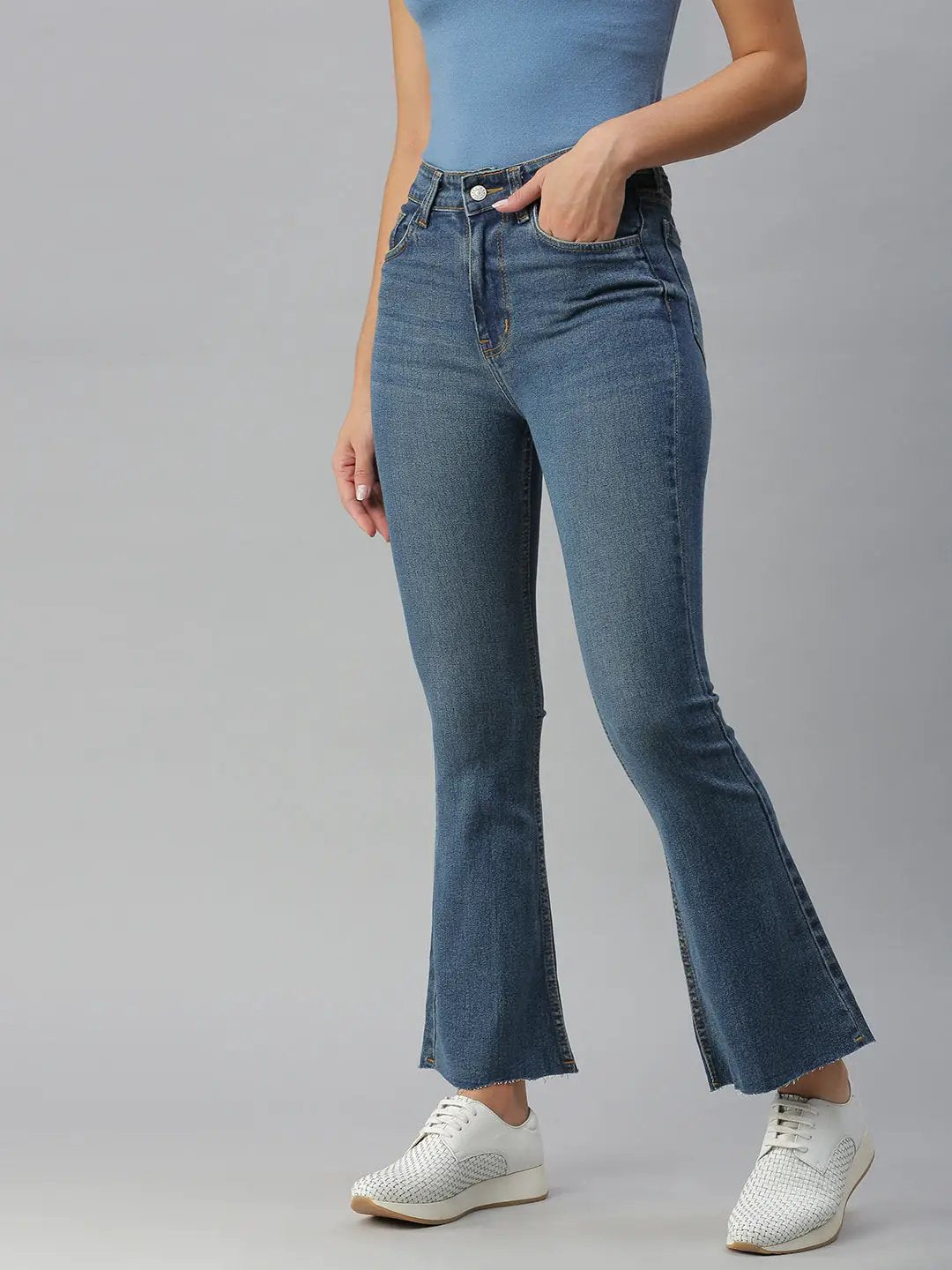 Women's Blue Bootcut High-Rise Light Fade Stretchable Denim Jeans