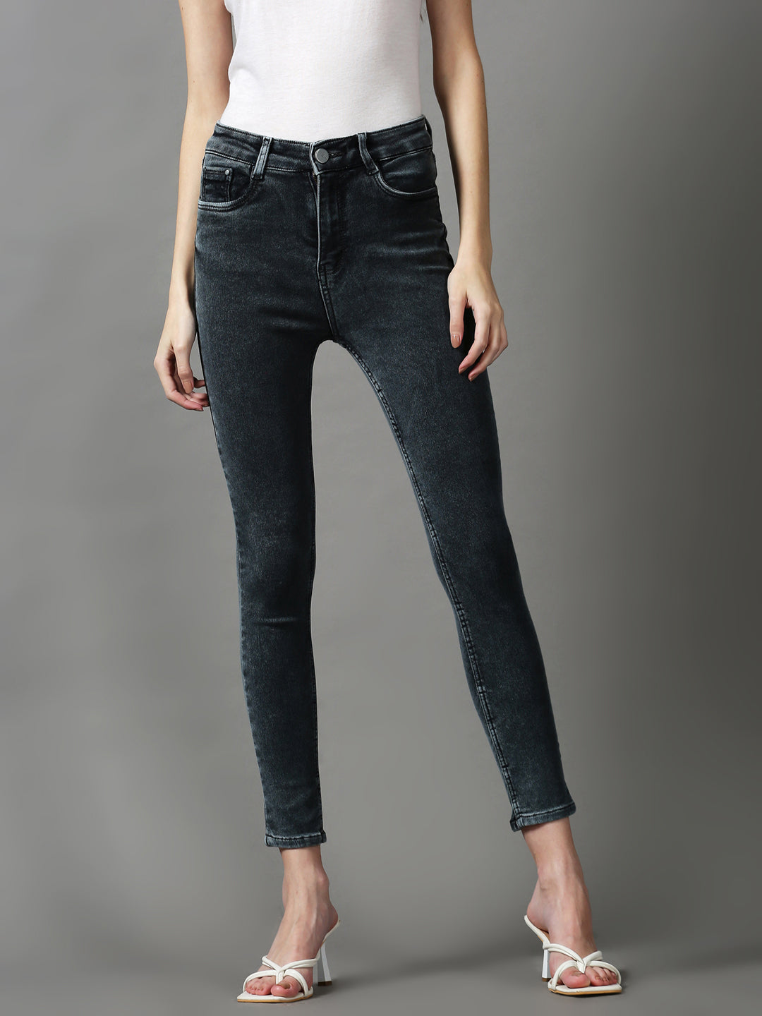 Women's Grey Solid Slim Fit Denim Jeans