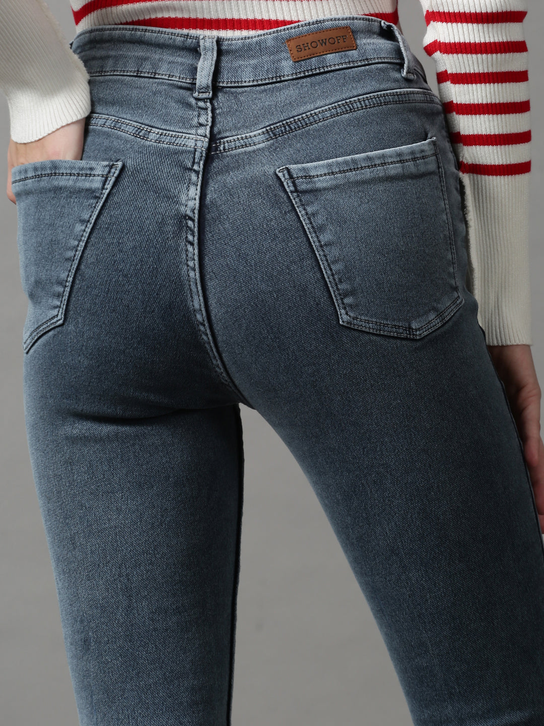 Women's Grey Solid Slim Fit Denim Jeans