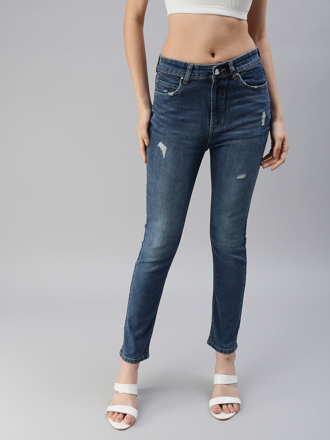 Women's Blue Solid Denim Slim Jeans