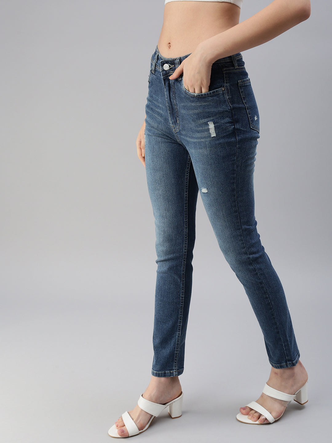 Women's Blue Solid Denim Slim Jeans