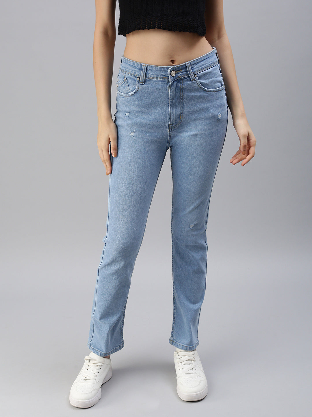 Women's Blue Solid Denim Straight Jeans