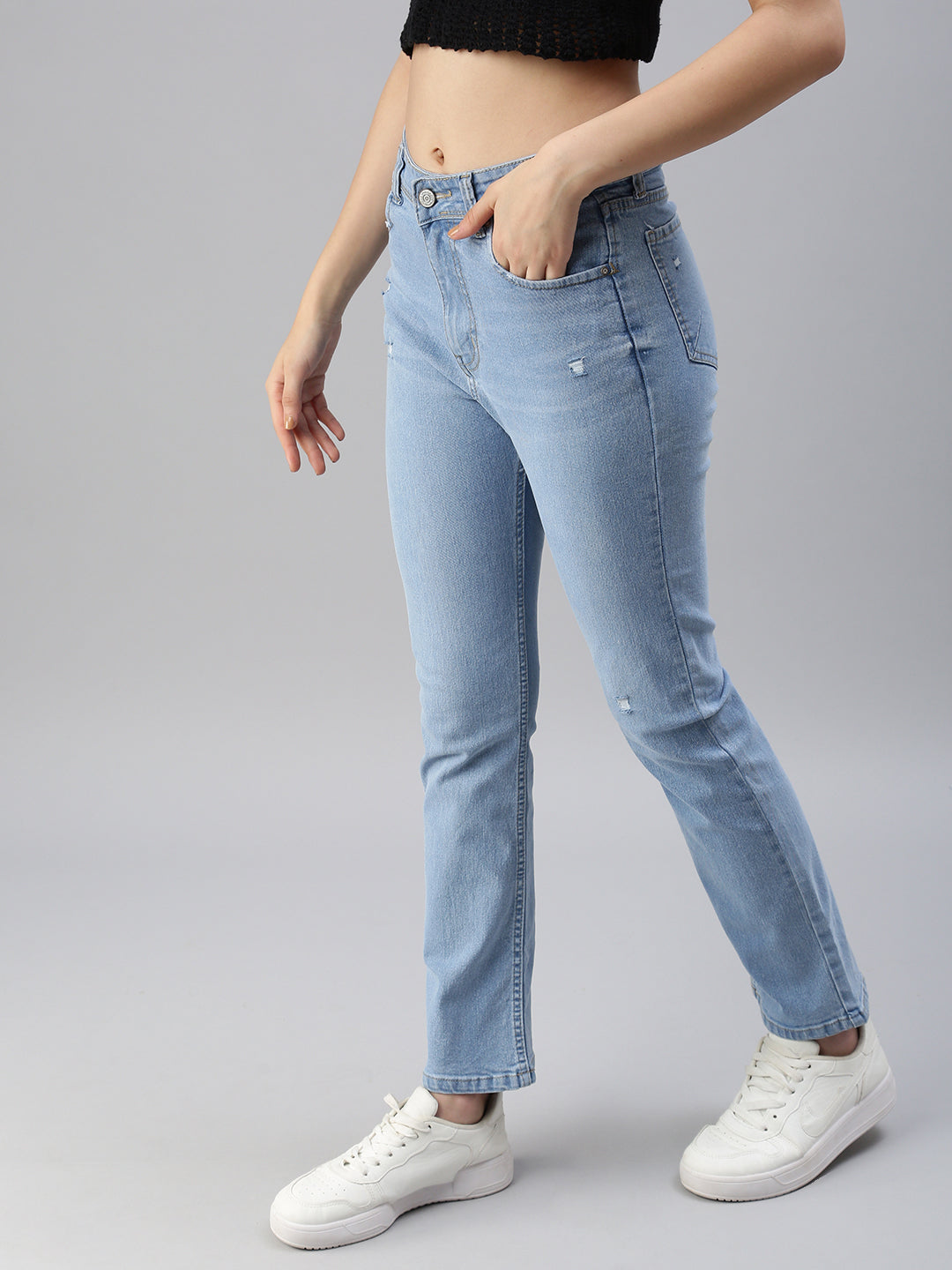 Women's Blue Solid Denim Straight Jeans