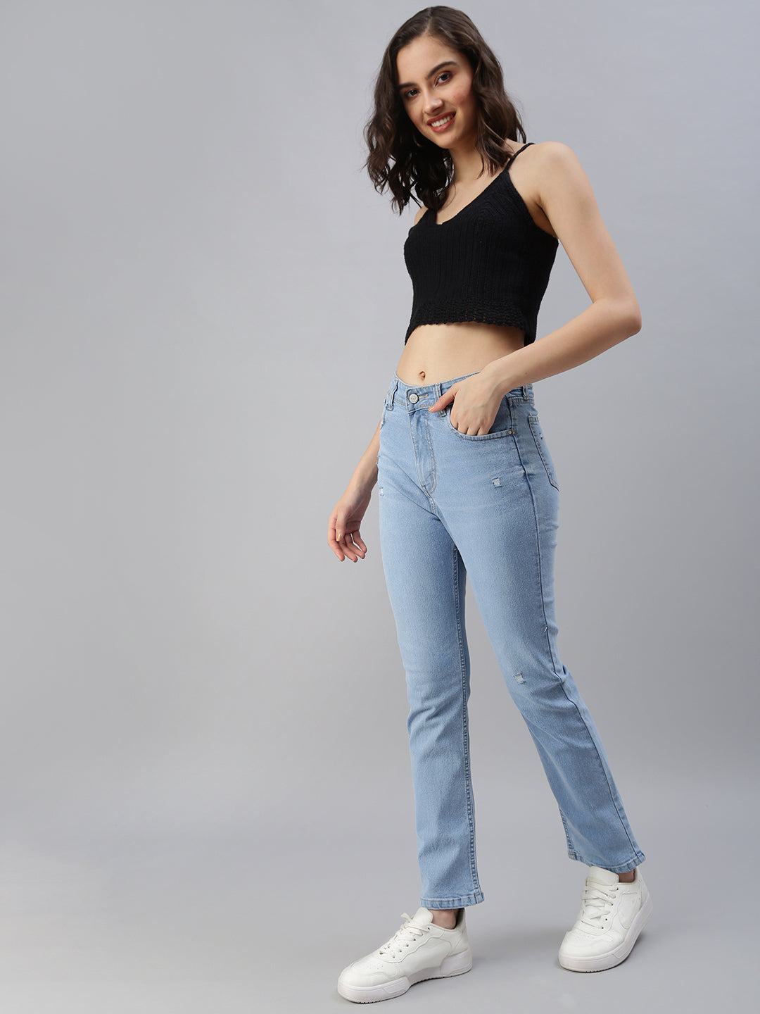 Women's Blue Solid Denim Straight Jeans