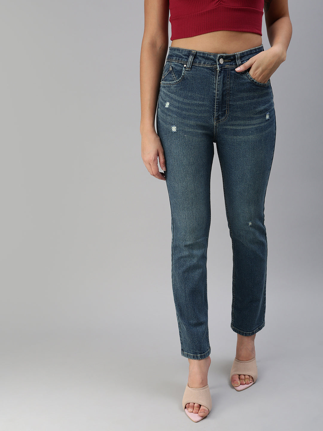 Women's Blue Solid Denim Straight Jeans