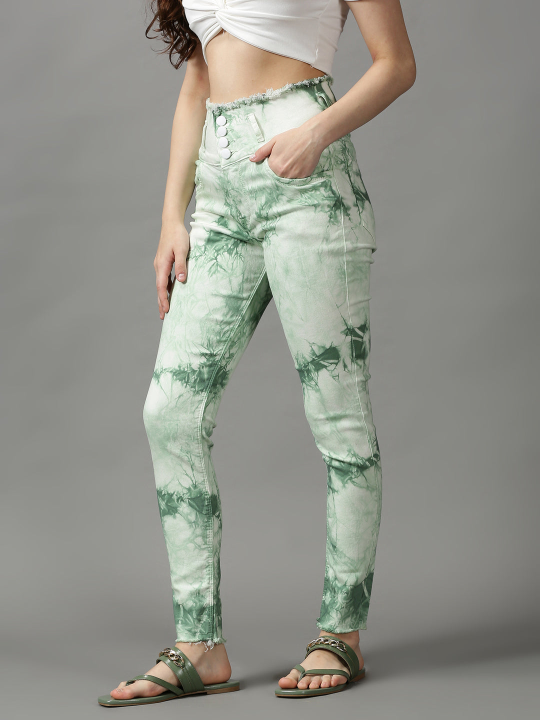 Women's Green Solid Skinny Fit Denim Jeans