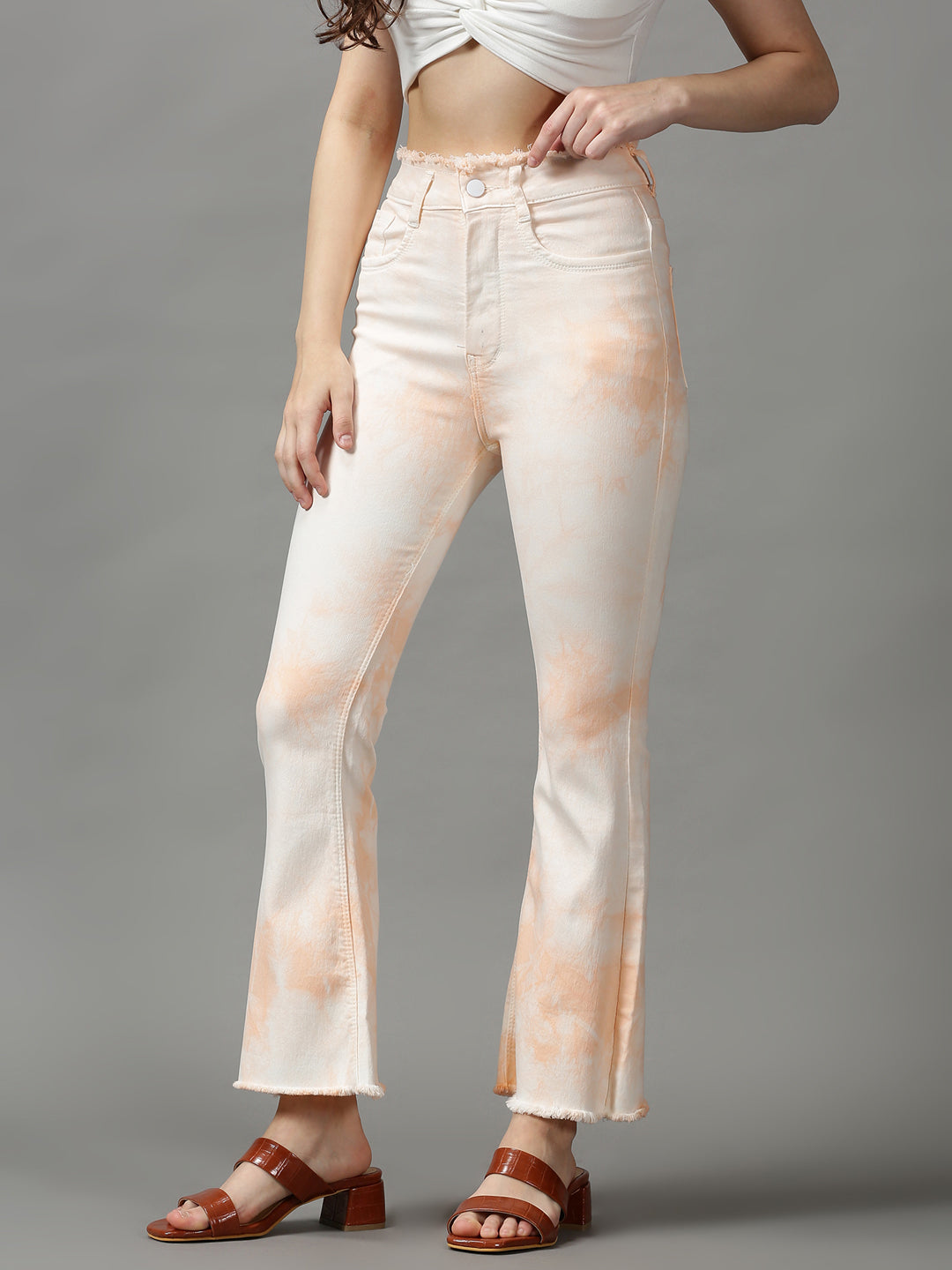 Women's Peach Solid Bootcut Denim Jeans