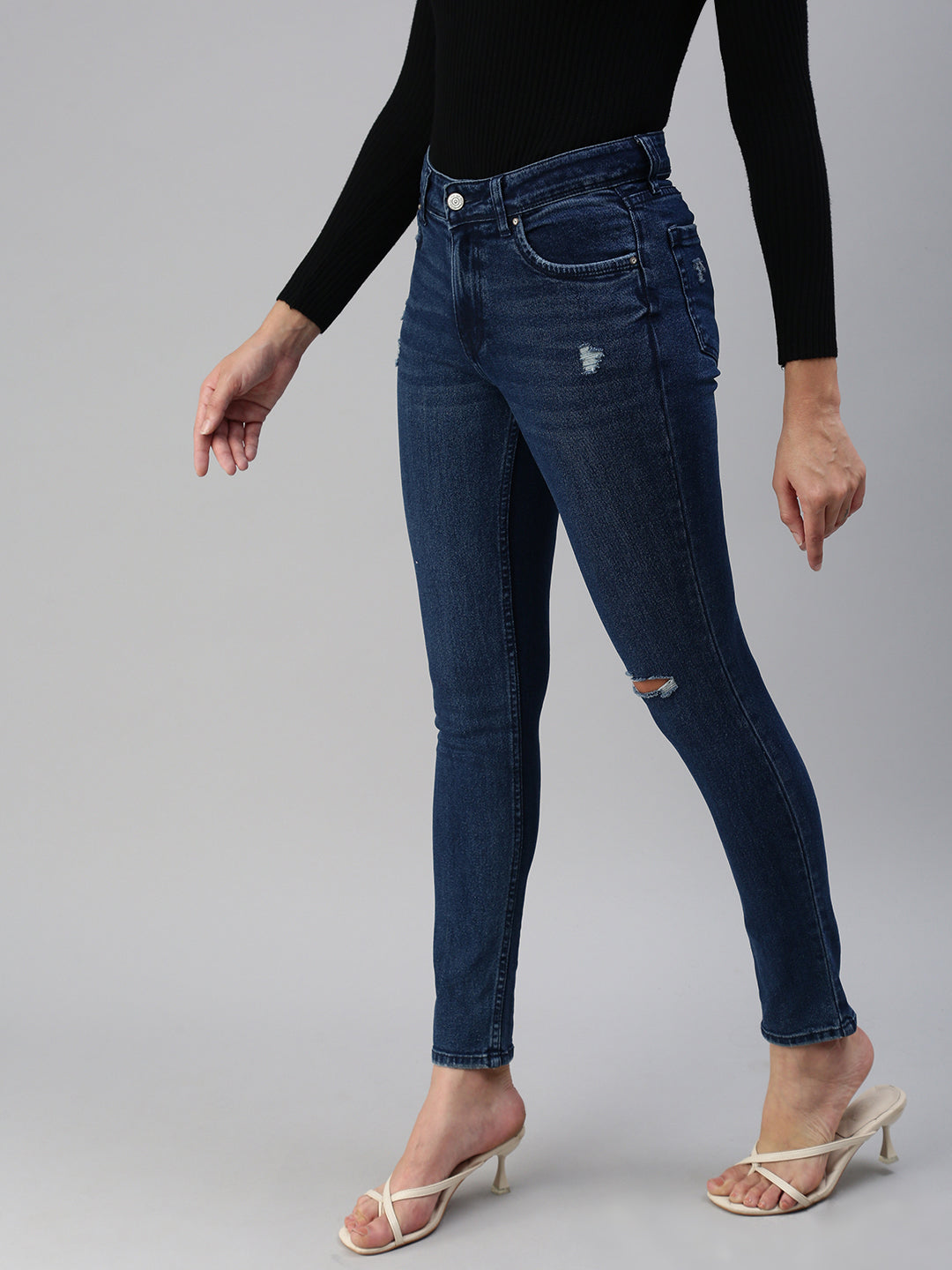 Women's Blue Solid Denim Slim Jeans