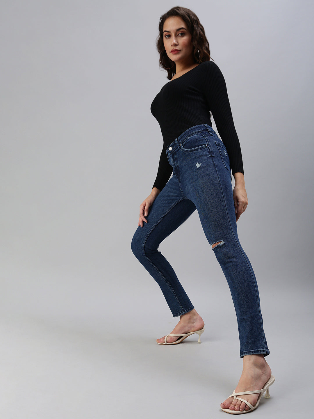 Women's Blue Solid Denim Slim Jeans