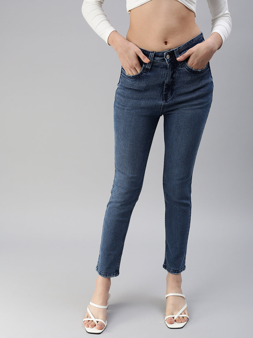 Women's Blue Solid Denim Slim Jeans