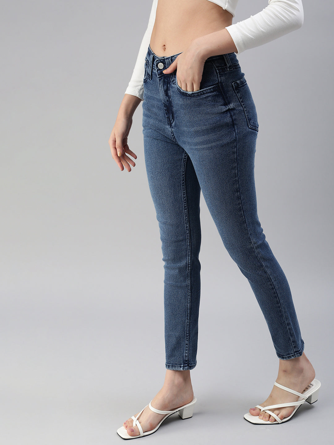 Women's Blue Solid Denim Slim Jeans