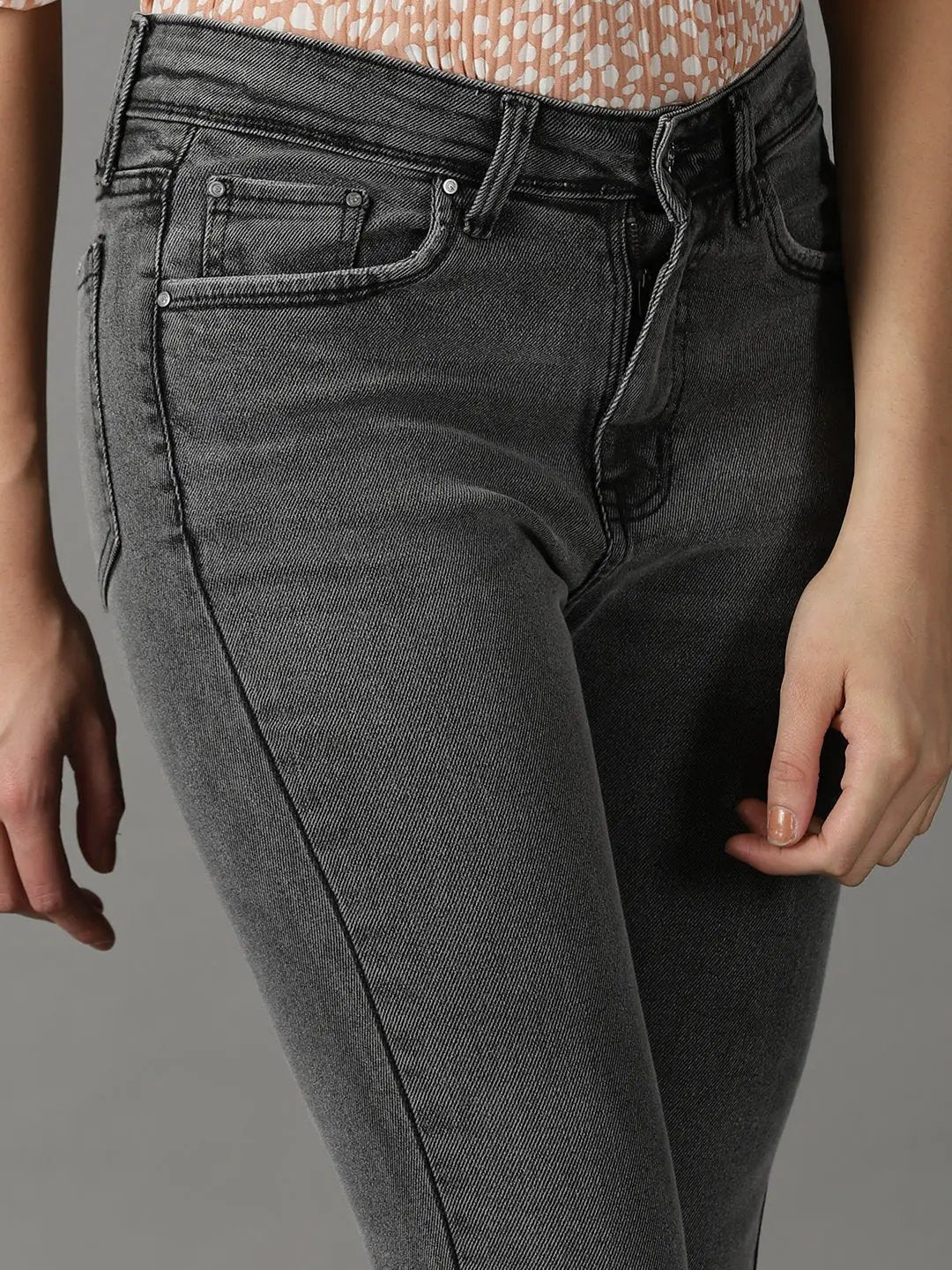Women's Grey Solid Slim Fit Denim Jeans