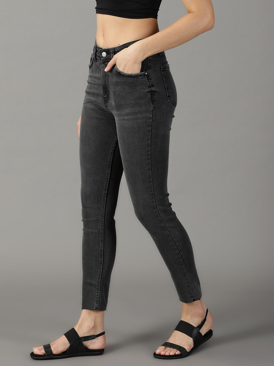 Women's Grey Solid Slim Fit Denim Jeans