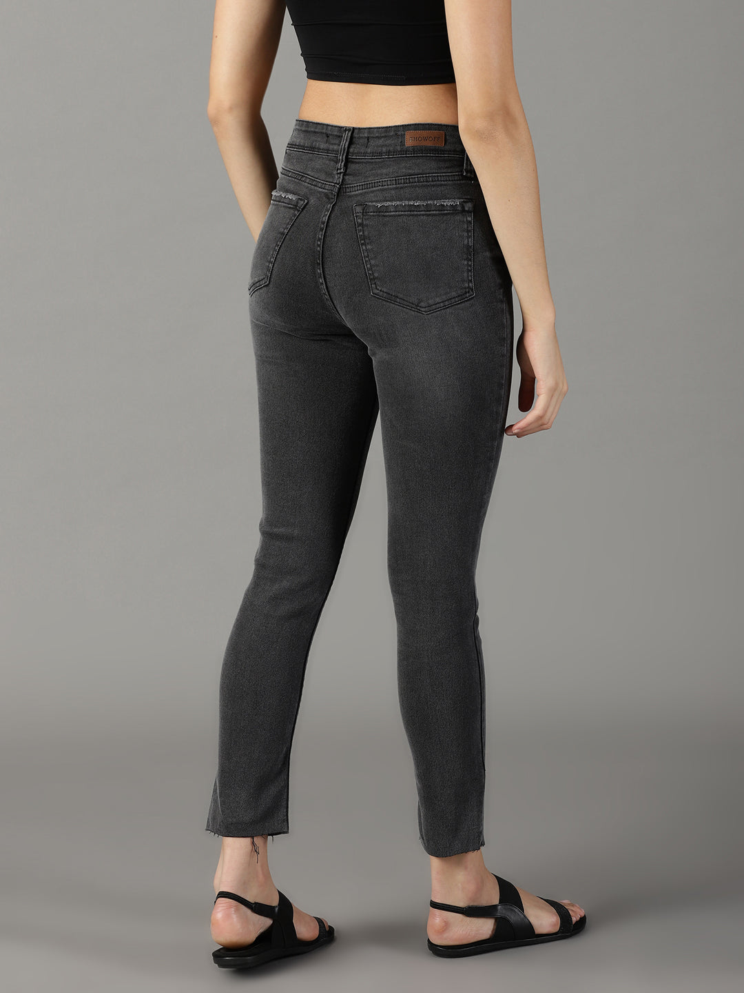 Women's Grey Solid Slim Fit Denim Jeans