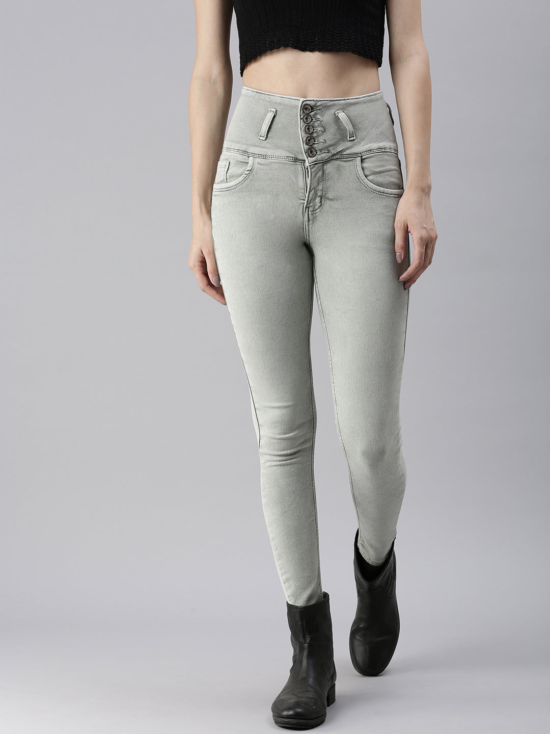 Women's Green Solid Denim Skinny Jeans