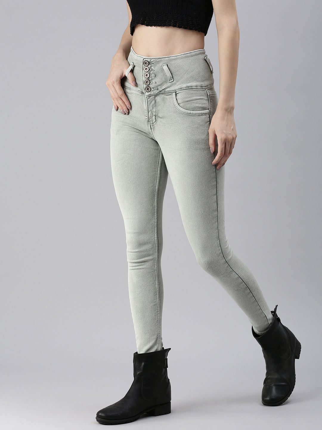 Women's Green Solid Denim Skinny Jeans