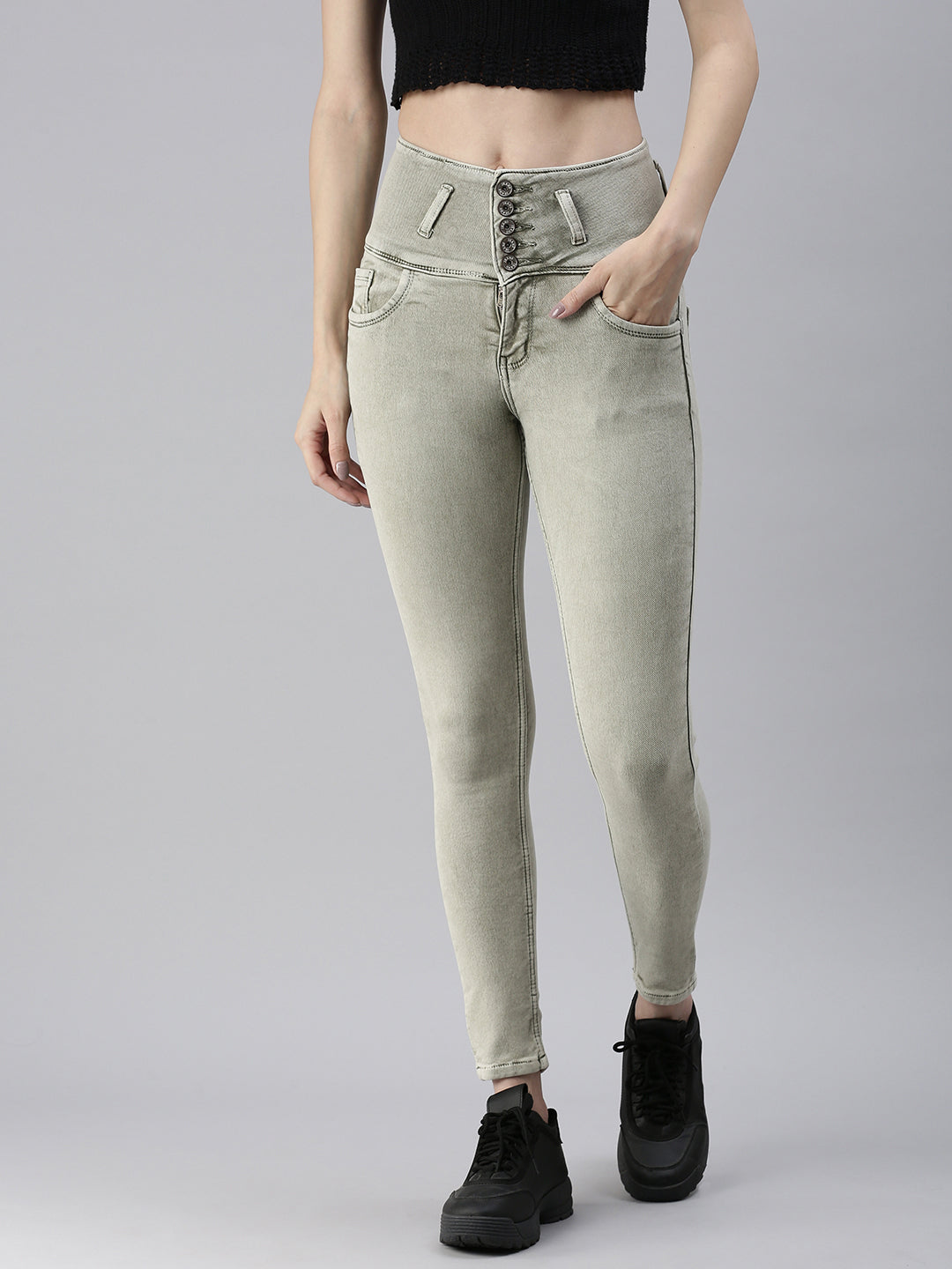 Women's Olive Solid Denim Skinny Jeans