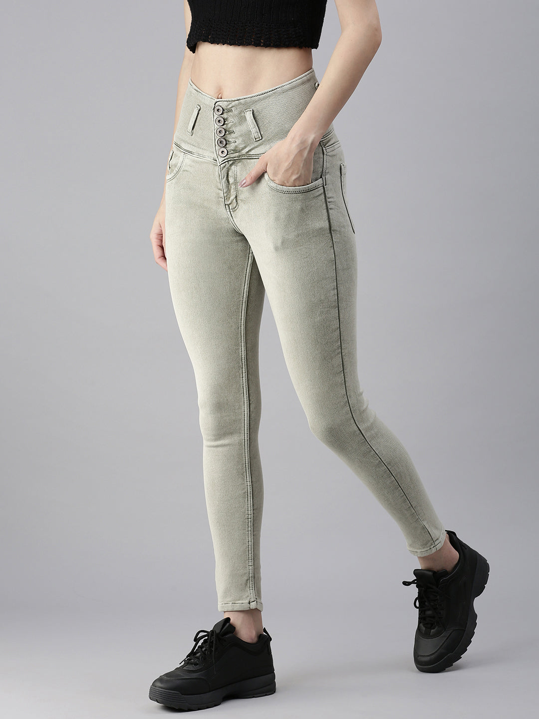 Women's Olive Solid Denim Skinny Jeans