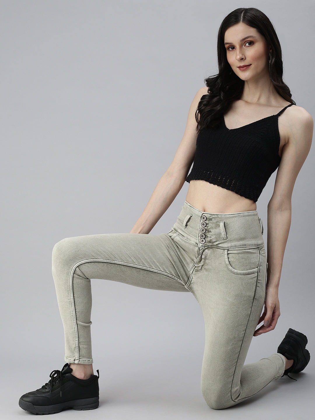 Women's Olive Solid Denim Skinny Jeans