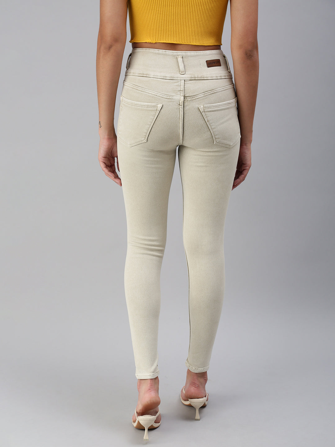 Women's Beige Solid Denim Skinny Jeans