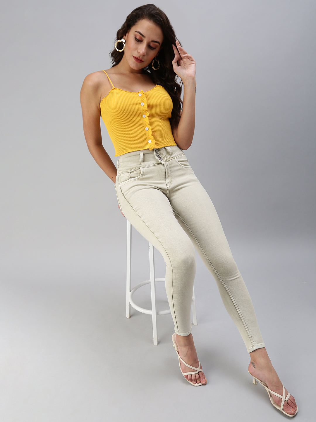 Women's Beige Solid Denim Skinny Jeans