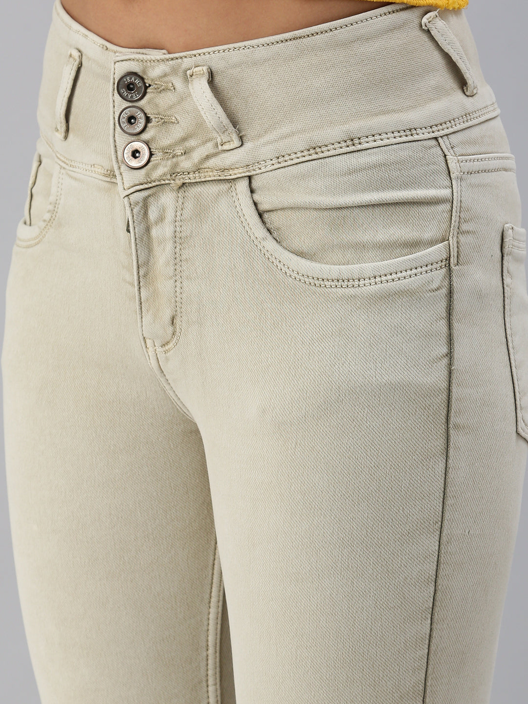 Women's Beige Solid Denim Skinny Jeans