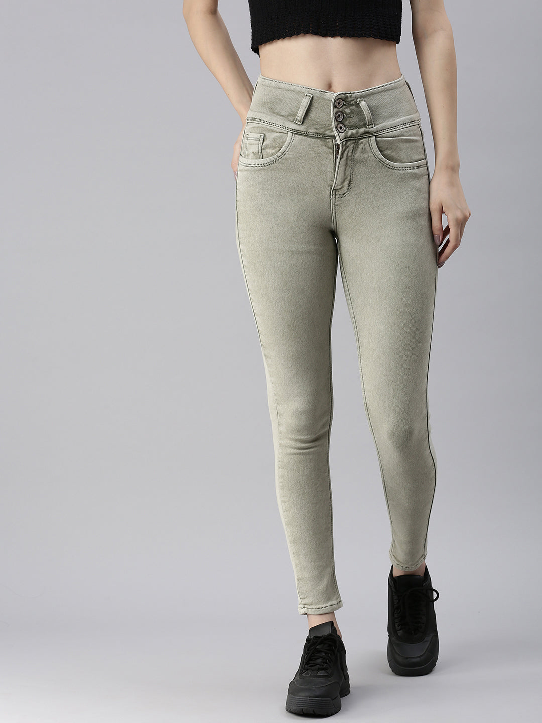 Women's Olive Solid Denim Skinny Jeans