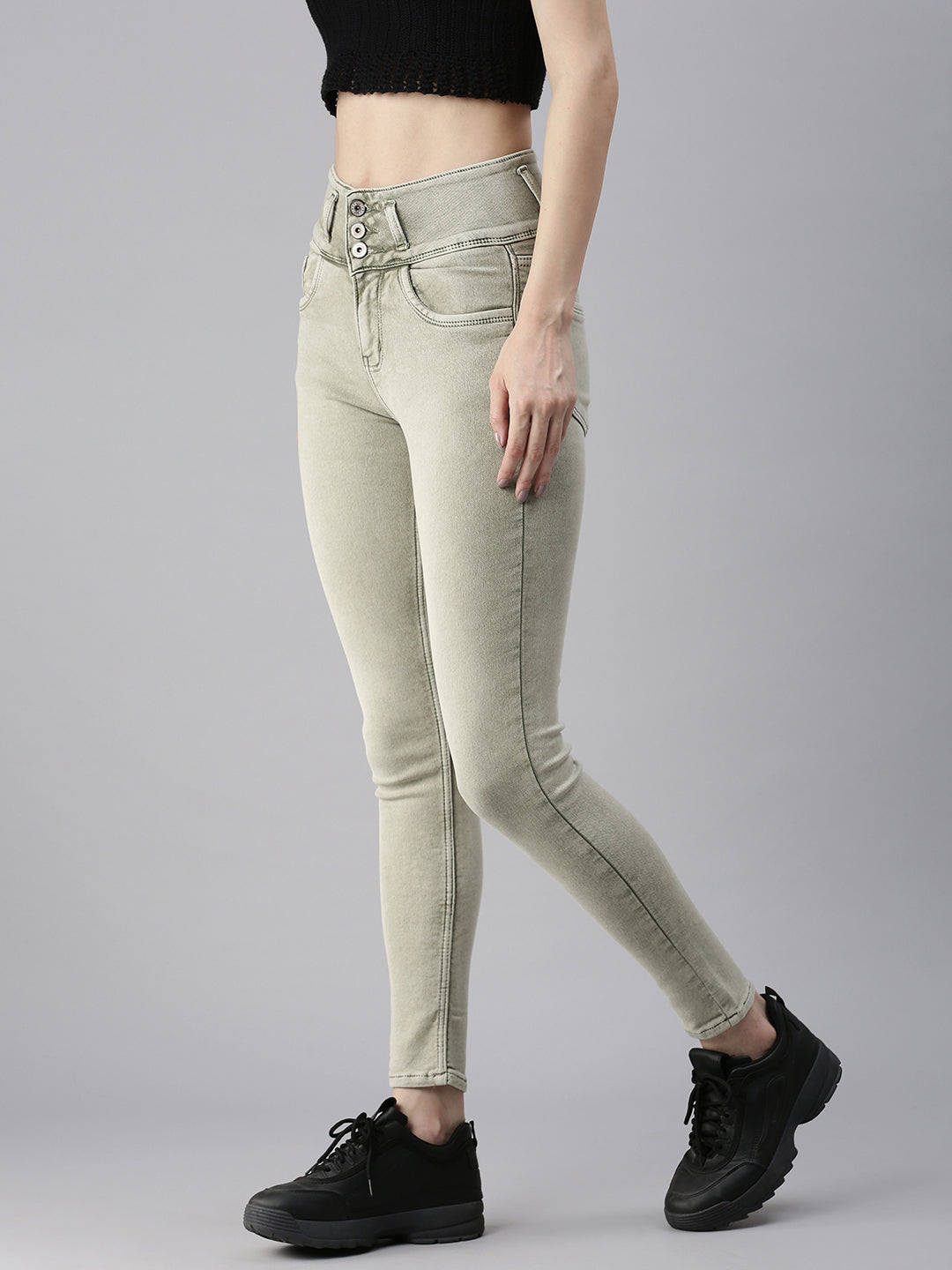 Women's Olive Solid Denim Skinny Jeans