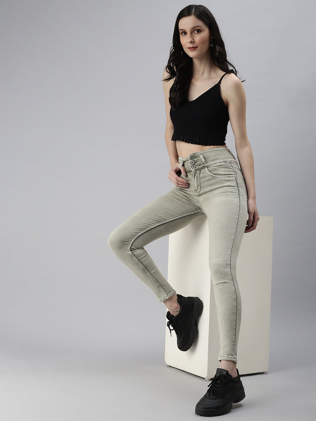 Women's Olive Solid Denim Skinny Jeans