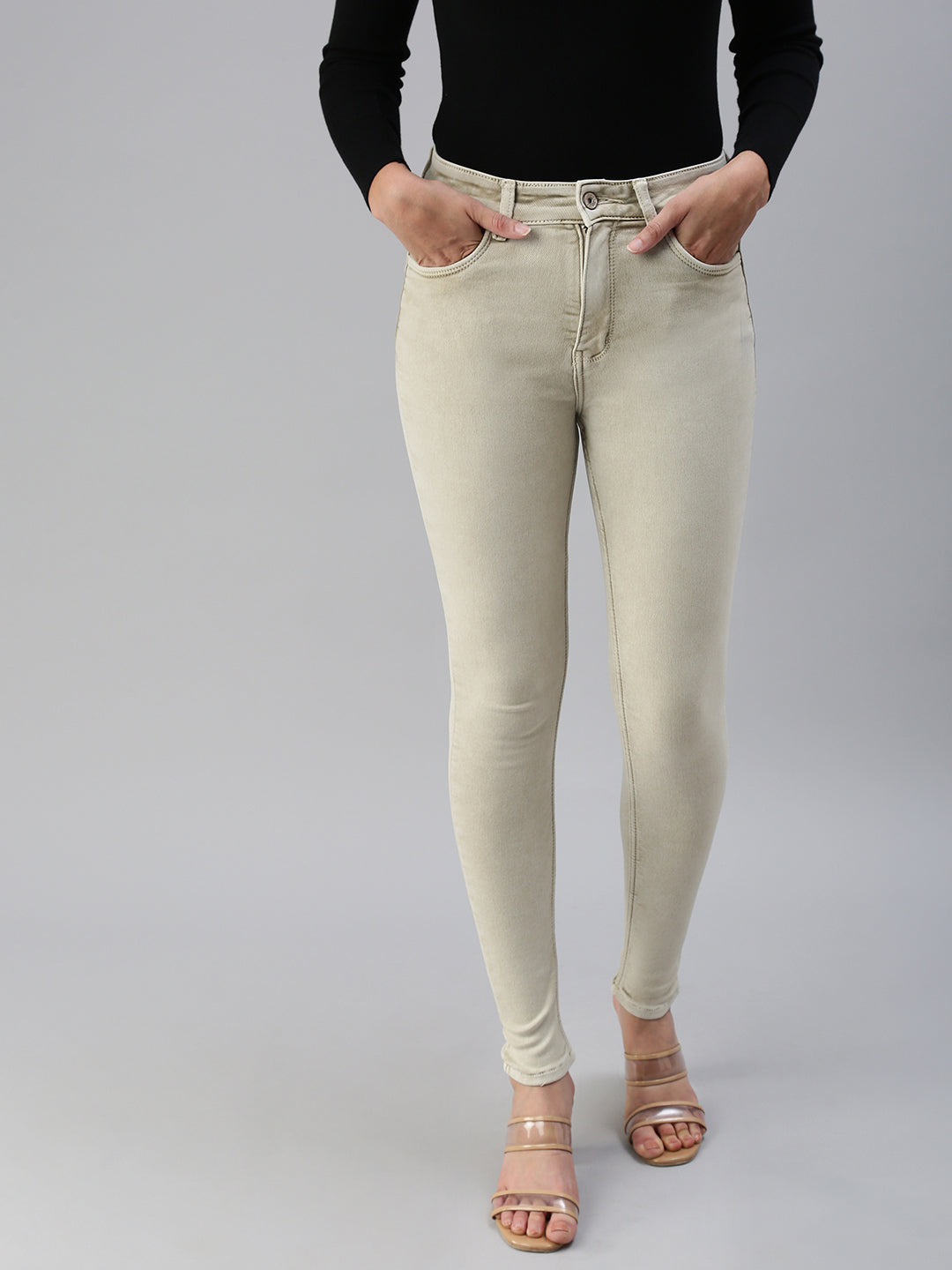 Women's Beige Solid Denim Skinny Jeans