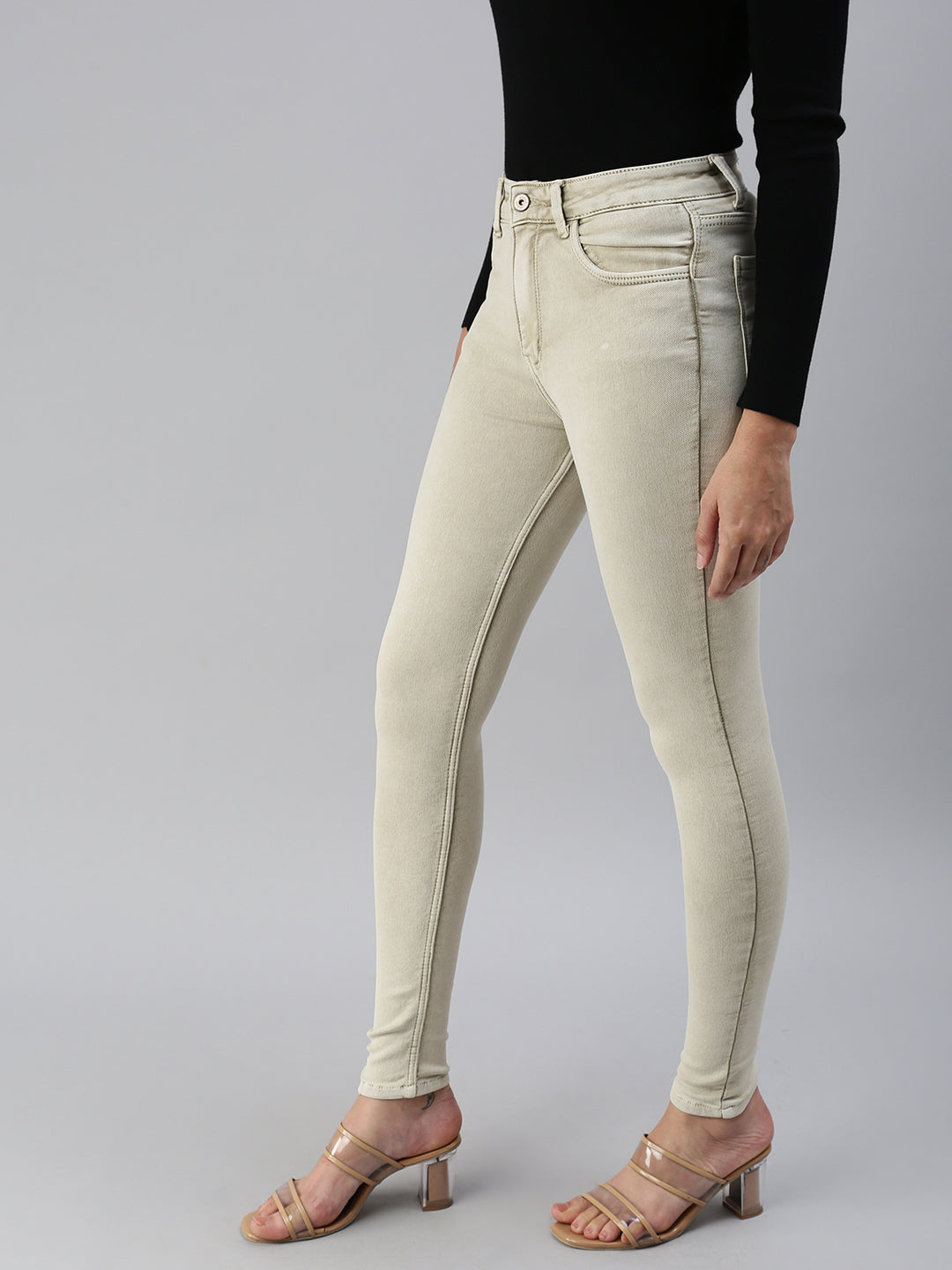 Women's Beige Solid Denim Skinny Jeans