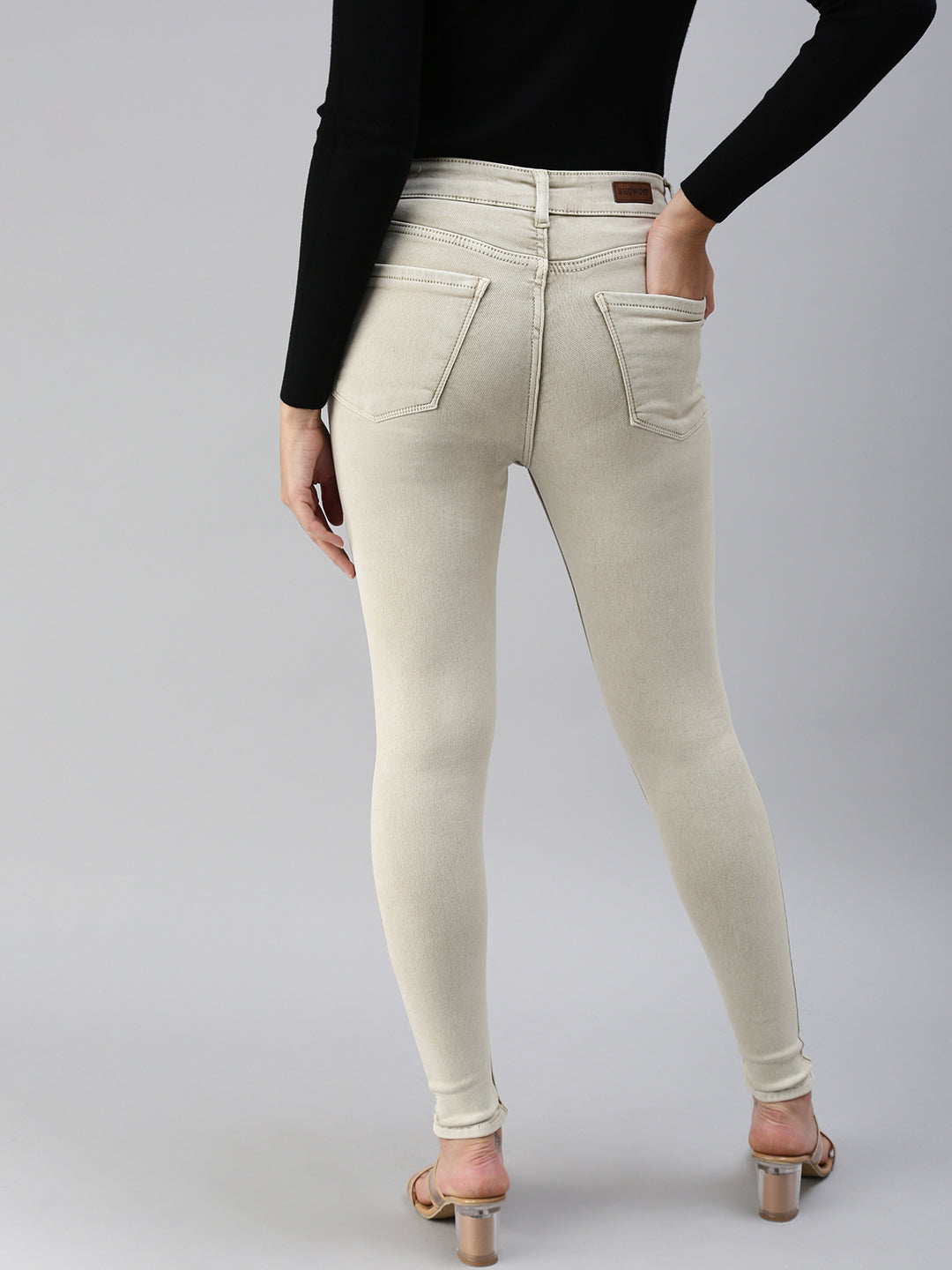 Women's Beige Solid Denim Skinny Jeans