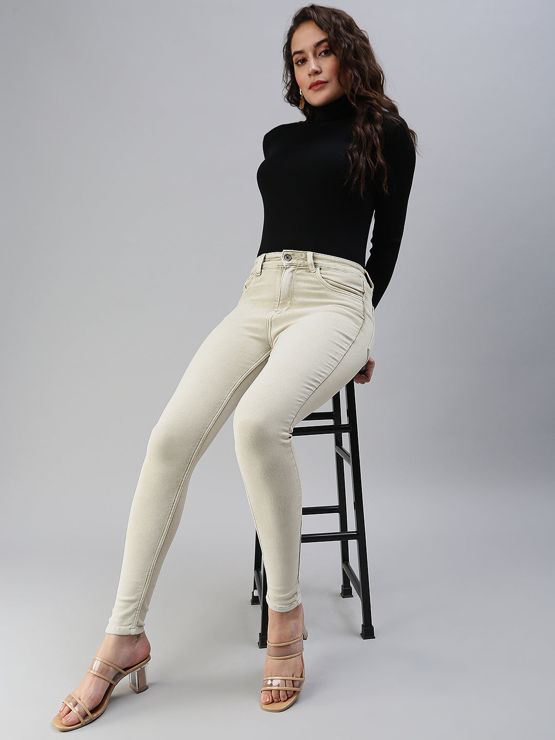 Women's Beige Solid Denim Skinny Jeans