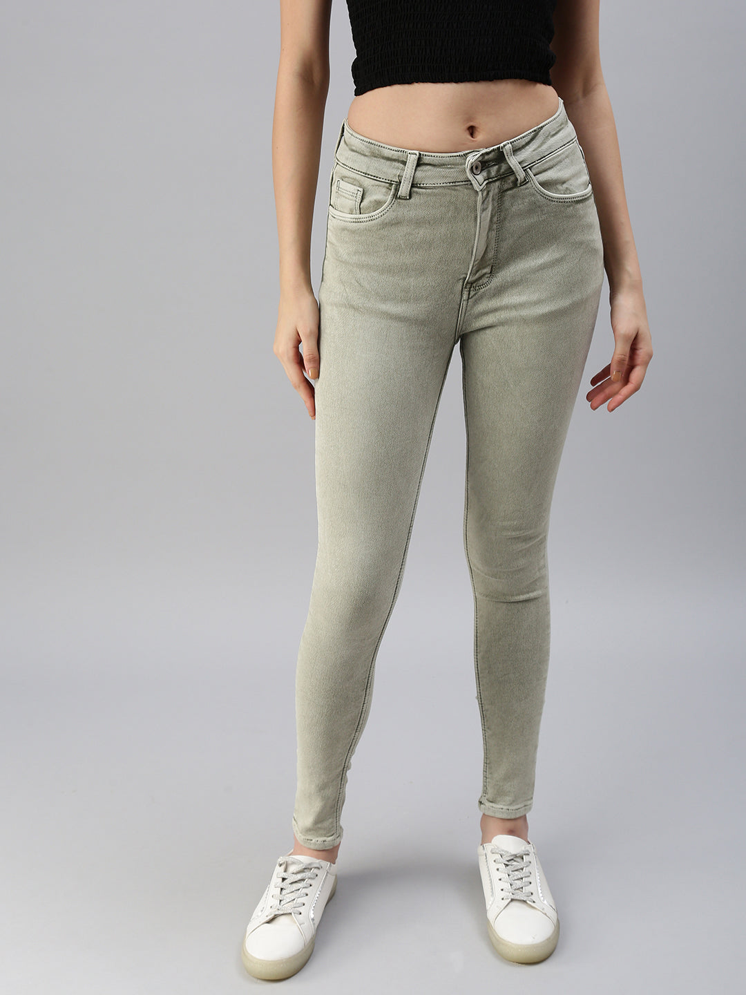 Women's Olive Solid Denim Skinny Jeans