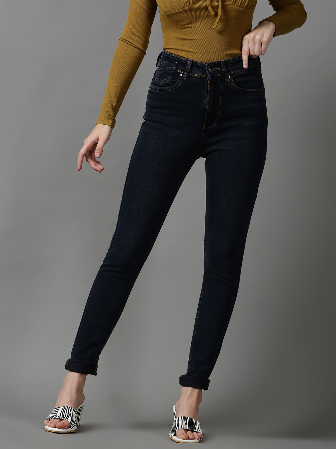 Women's Navy Blue Solid Slim Fit Denim Jeans