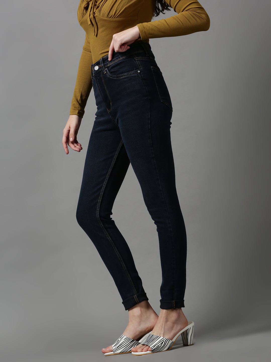 Women's Navy Blue Solid Slim Fit Denim Jeans